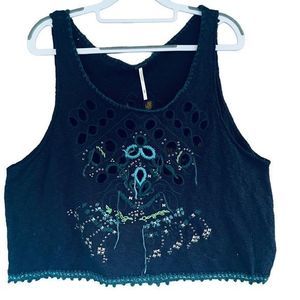 Free People Navy Desert Wonder Oversized Embroidered Knit Tank Top‎  — SZ M EUC